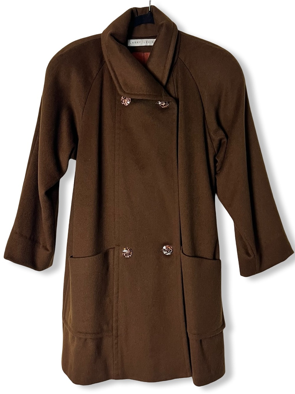 Larry Levine Vintage 100% Wool Swing Coat Double Breasted Brown Shell Buttons S